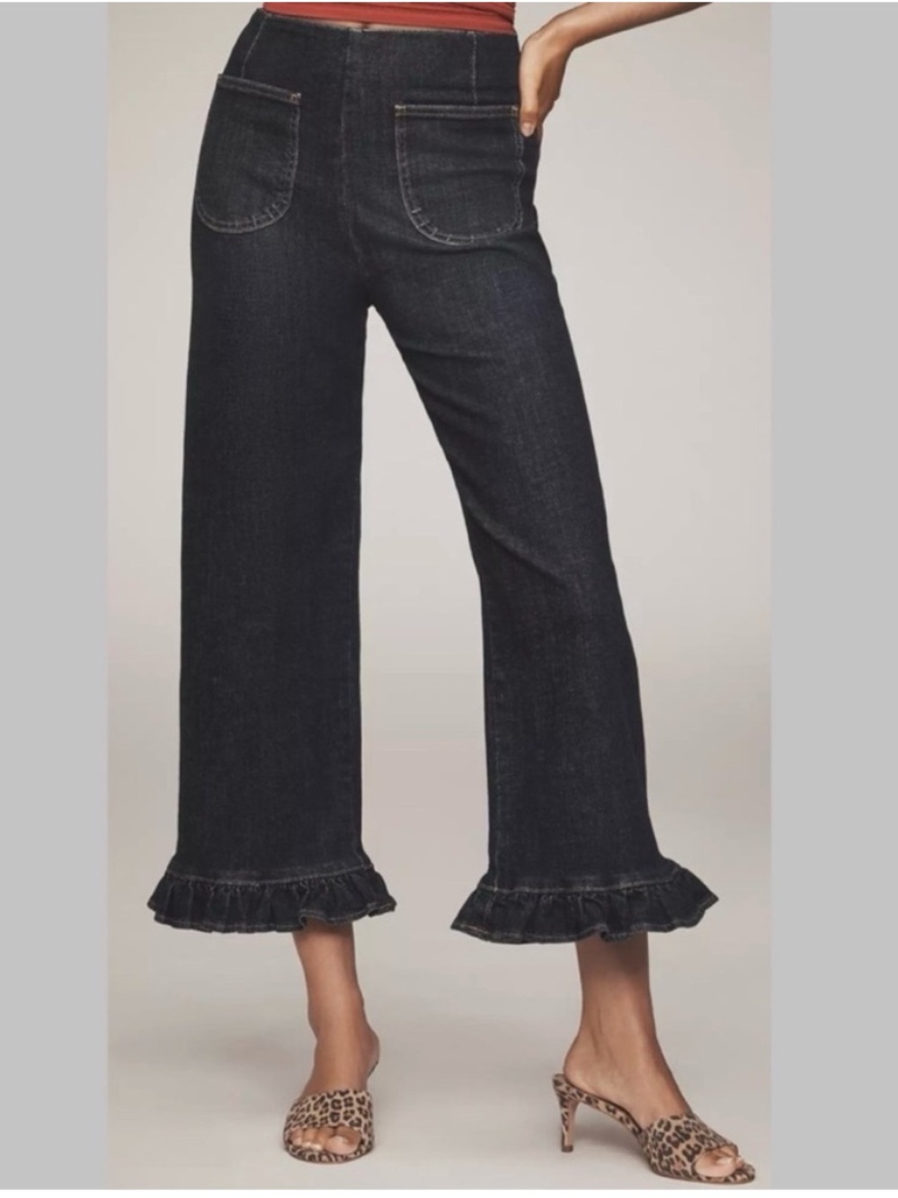 Maeve Colette Ruffle-Hem Crop Wide-Leg Jeans